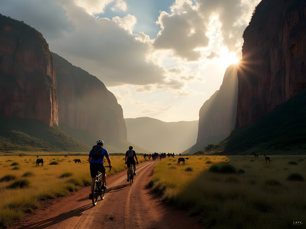 Author cycling through Hell's Gate National Park with wildlife and dramatic cliffs