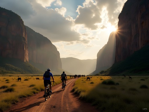 Author cycling through Hell's Gate National Park with wildlife and dramatic cliffs