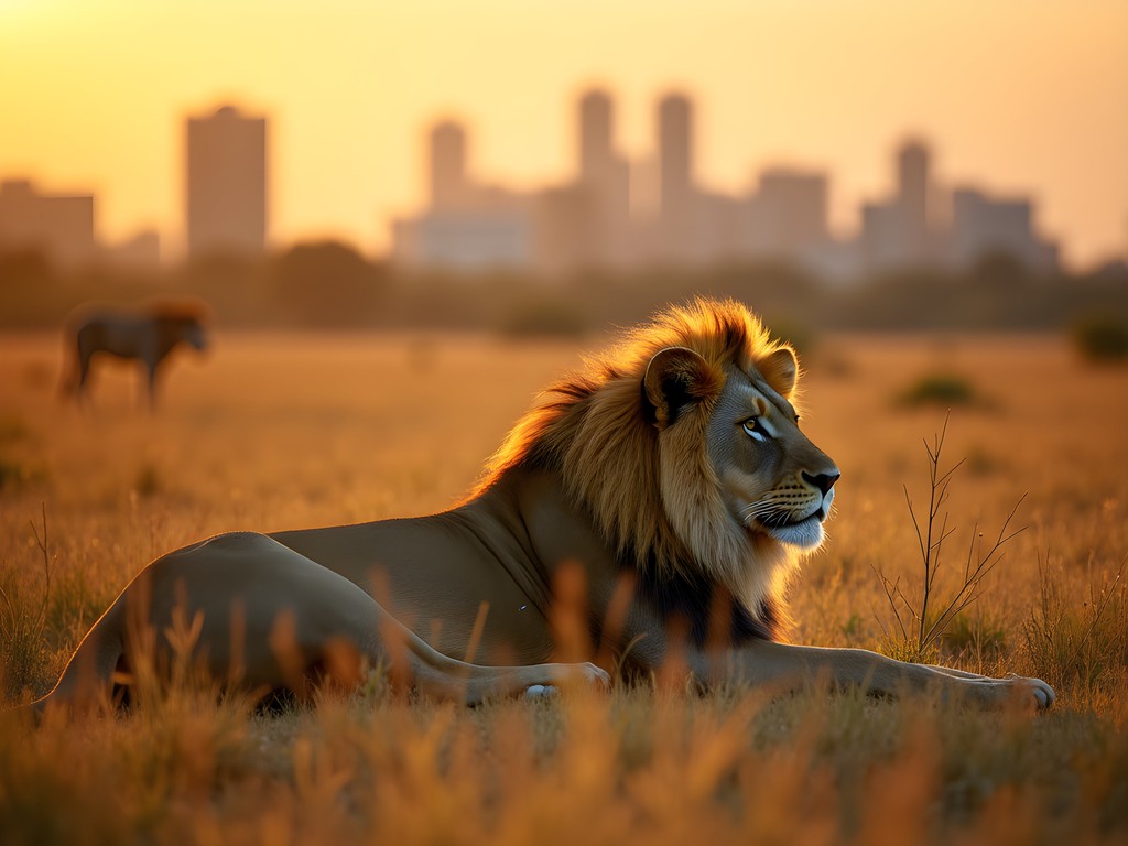 Lions resting with Nairobi skyline in background at Nairobi National Park