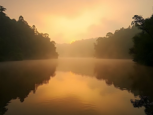 Morning mist rising from Berbice River with dense jungle vegetation reflected in calm brown waters