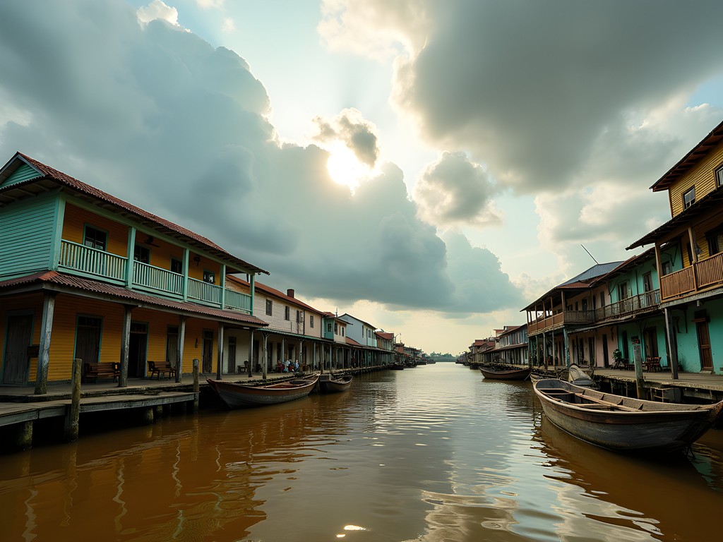 Colonial Dutch architecture lining the waterfront of New Amsterdam, Guyana with Berbice River in background