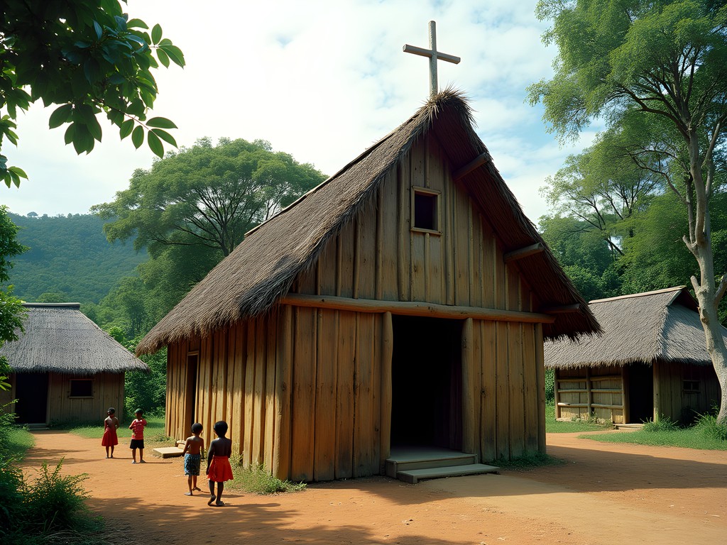 Traditional wooden church with palm-thatch roof in Patamona Amerindian village along Berbice River, Guyana