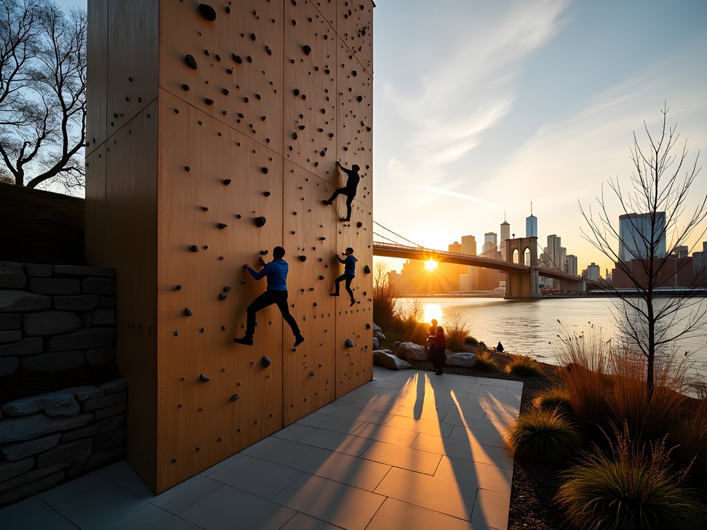 Rock climbing wall at Brooklyn Bridge Park with Manhattan skyline at sunset