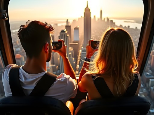 Couple enjoying doors-off helicopter photography flight over Manhattan