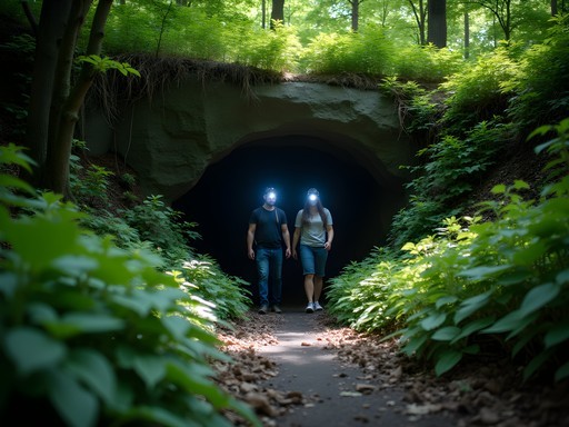 Couple exploring a hidden cave entrance in Inwood Hill Park