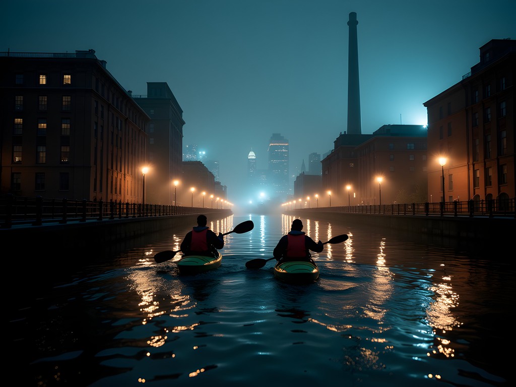 Couple kayaking through industrial canals at night with Brooklyn skyline
