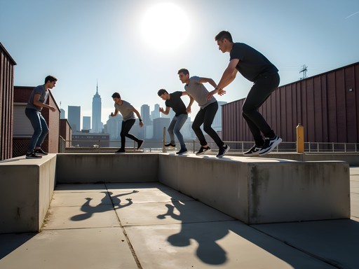 Parkour workshop participants practicing urban movement techniques in Long Island City