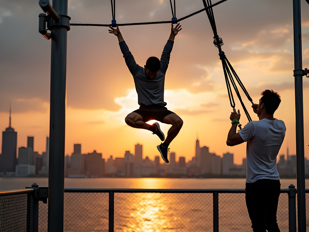 Trapeze student performing knee-hang with Hudson River and sunset in background