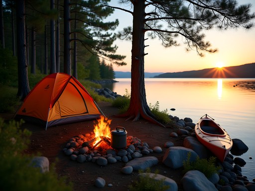 Lakeside campsite on Burton Island with tent and campfire at sunset