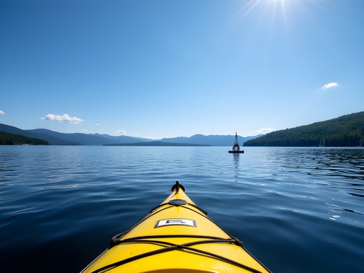 Kayaker paddling on Lake Memphremagog with international border marker visible