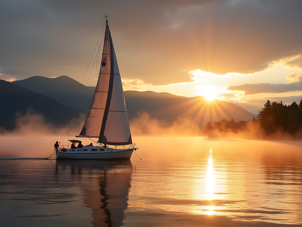 Sailboat on misty Lake Memphremagog at dawn with mountains in background