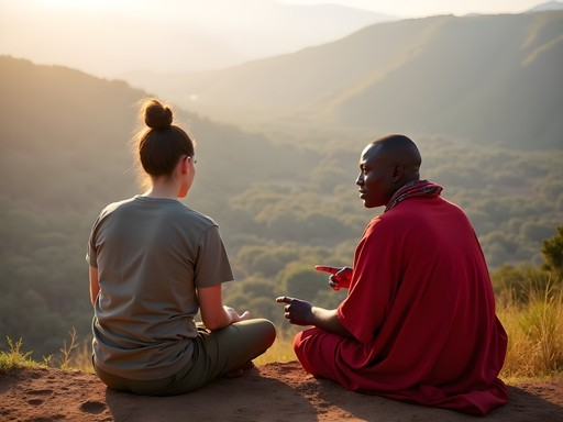 Kayla engaging with Maasai conservation guide overlooking Ngorongoro landscape