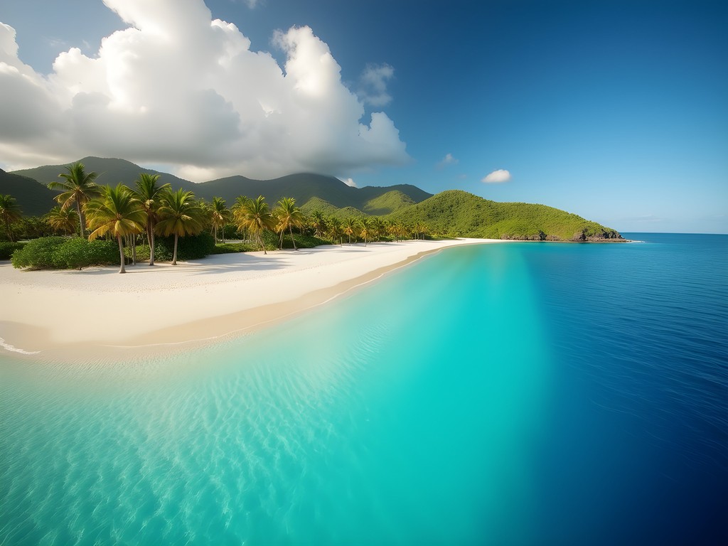 Pristine white sand beach with palm trees and turquoise water on Uoleva Island, Tonga