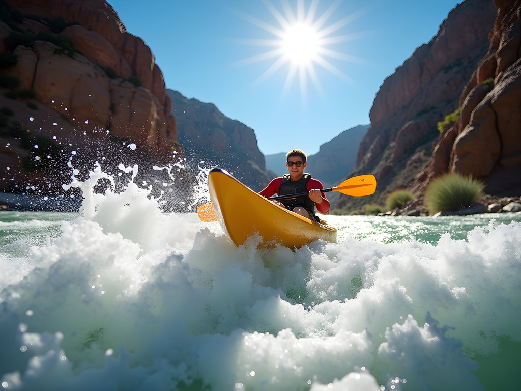 Kayaker navigating rapids on the Weber River with canyon walls rising on both sides