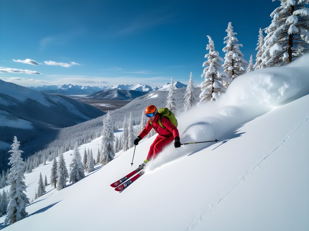 Skier making fresh tracks through powder snow at Powder Mountain resort near Ogden
