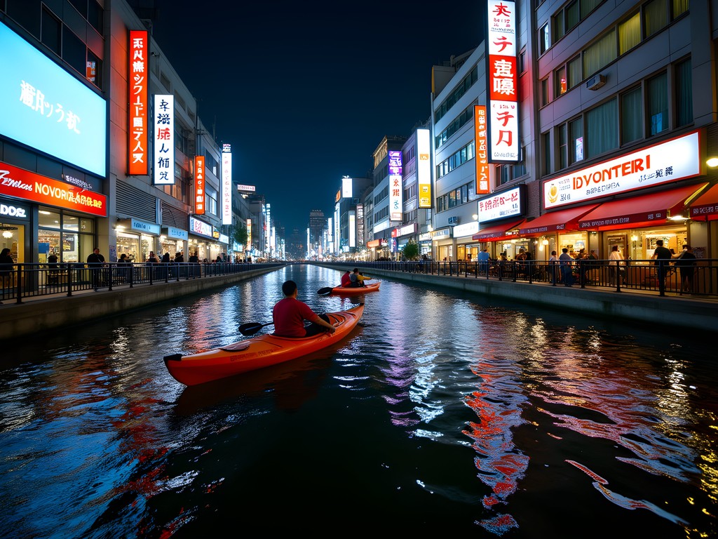 Kayakers paddling through Dotonbori Canal in Osaka at night surrounded by neon reflections