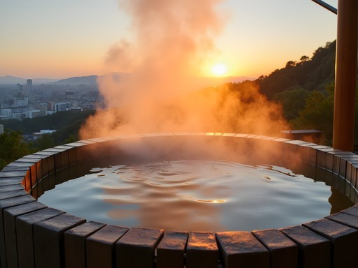 Outdoor onsen bath with Osaka city skyline view at sunset