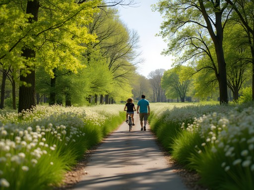 Family hiking along Big Creek trail with spring wildflowers blooming in Parma Ohio