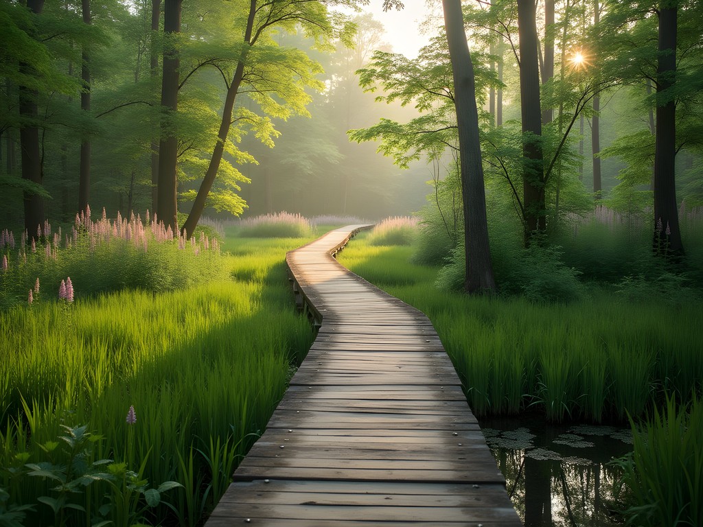 Wooden boardwalk winding through spring wetlands at West Creek Reservation in Parma Ohio