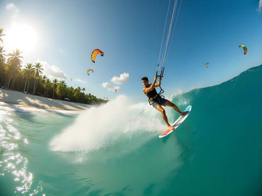 Kitesurfer riding waves at Cabarete Beach Puerto Plata with colorful kites in background