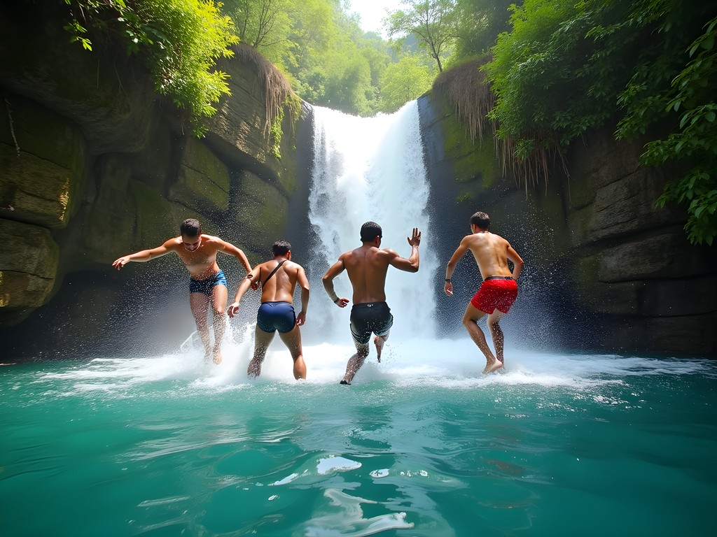 Group of adventurers jumping into turquoise pool at Damajagua waterfalls Puerto Plata