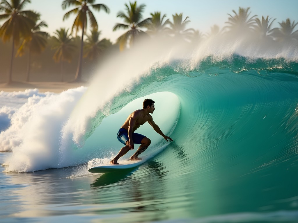 Surfer riding wave at Encuentro Beach Puerto Plata with palm trees in background