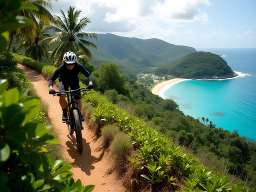 Mountain biker on trail with Caribbean ocean view Puerto Plata Dominican Republic