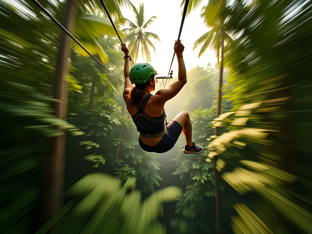 Zip-liner flying through jungle canopy at Monkey Jungle Puerto Plata