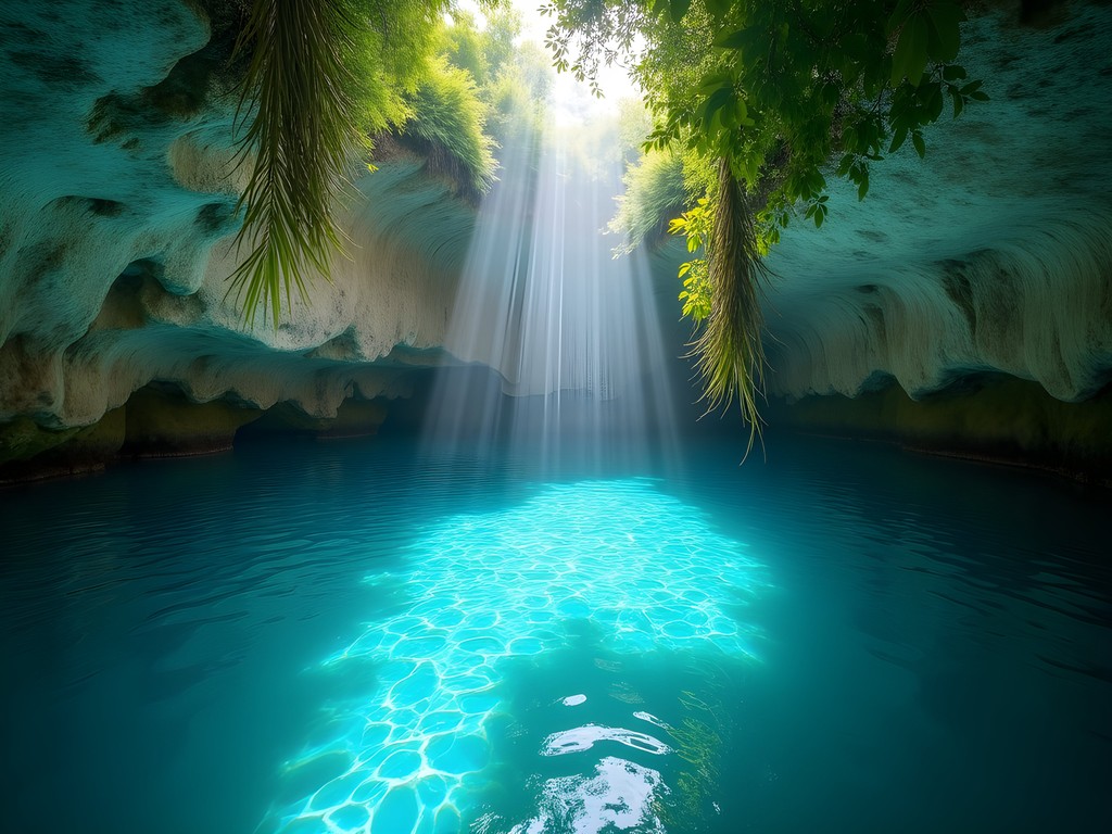 The stunning turquoise waters of Hoyo Azul cenote in Punta Cana with swimmer