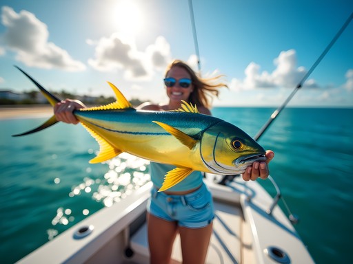 Woman proudly displaying a colorful mahi-mahi catch on a deep sea fishing charter in Punta Cana