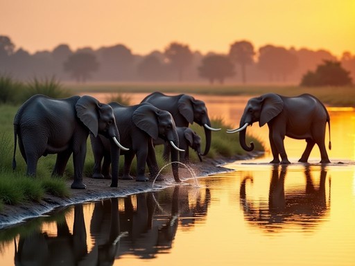 Elephant herd drinking at the edge of Kazinga Channel with sunset reflection on water