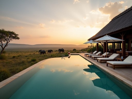 Luxury safari lodge overlooking savanna with elephants visible from infinity pool