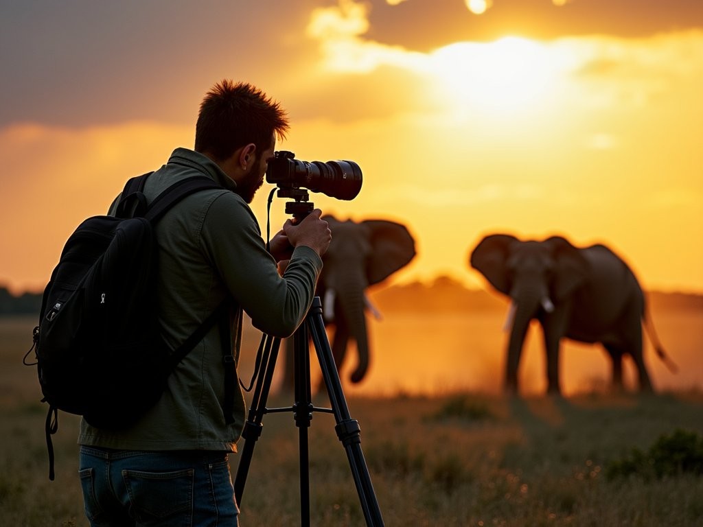 Photographer capturing elephant herd crossing savanna in Queen Elizabeth National Park