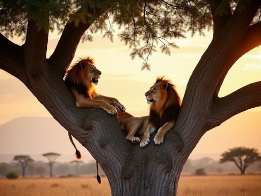 Tree-climbing lions resting on acacia tree branches in Queen Elizabeth National Park