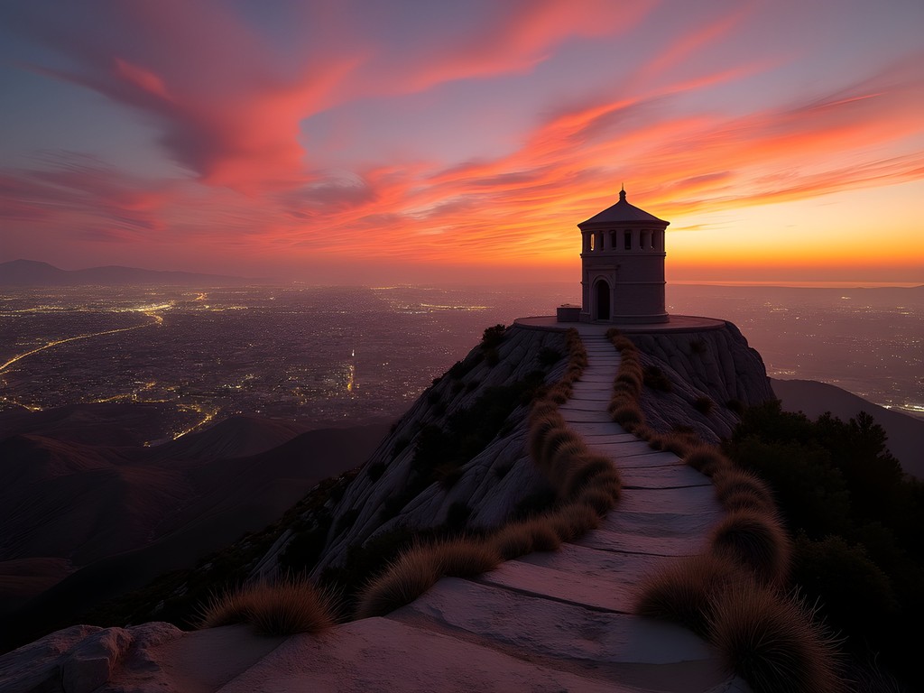 Sunset view from Mount Rubidoux summit with Peace Tower silhouette and Riverside city lights
