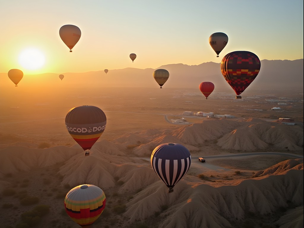 Hot air balloons floating over Riverside desert landscape at sunrise