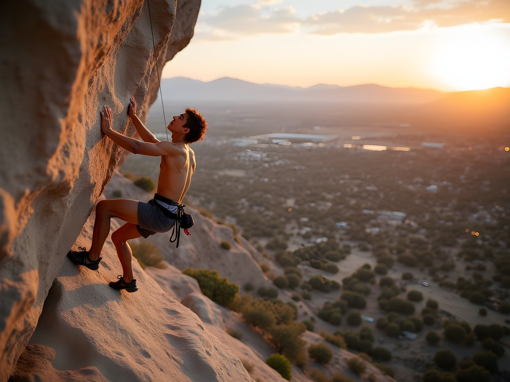 Rock climber scaling granite face at Rubidoux Quarry with desert valley views