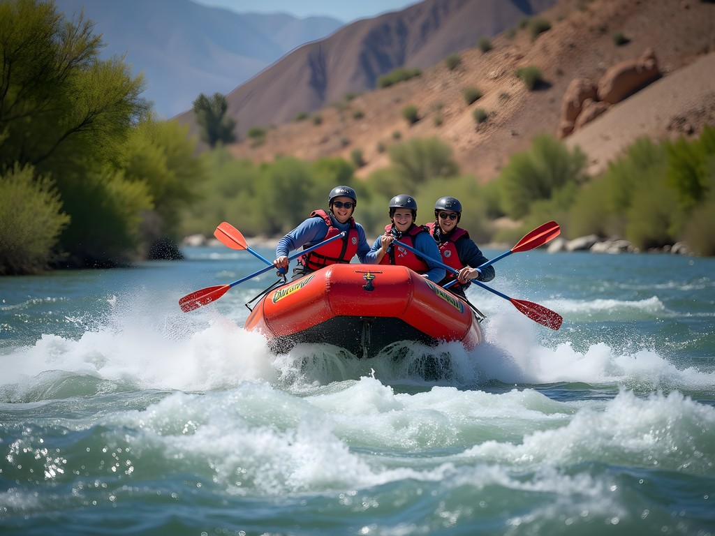 Whitewater rafting group navigating rapids on the Santa Ana River near Riverside