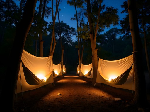 Nighttime jungle camp with hammocks and mosquito nets illuminated by soft lantern light