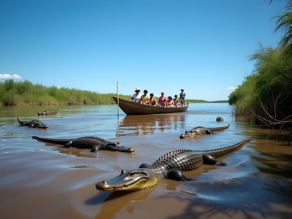 Motorized canoe on Yacuma River with tourists photographing caimans on the riverbank