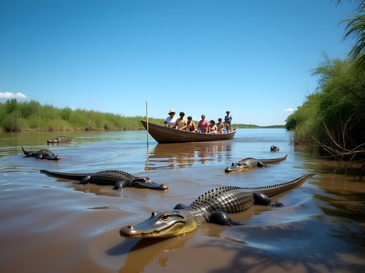 Motorized canoe on Yacuma River with tourists photographing caimans on the riverbank