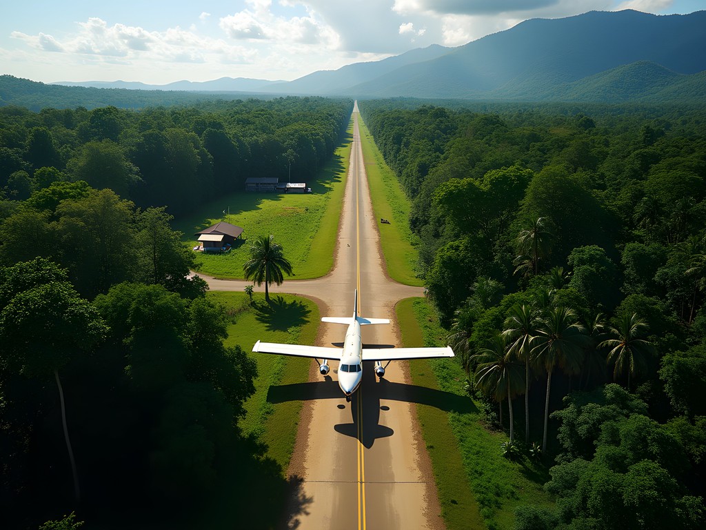 Small propeller plane landing at Rurrenabaque's rustic airport surrounded by jungle
