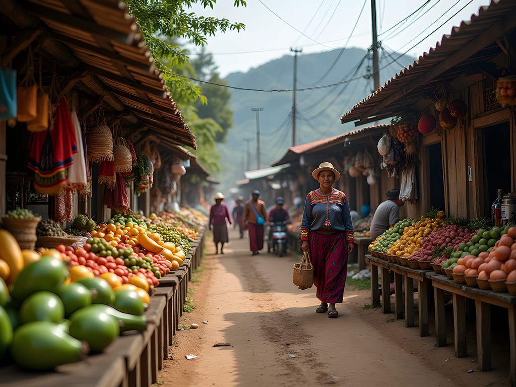 Colorful market street in Rurrenabaque with local vendors selling produce and crafts