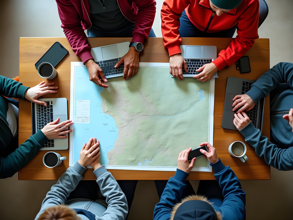 Group of adventurers gathered around table with maps, laptops, and coffee mugs planning daily activities