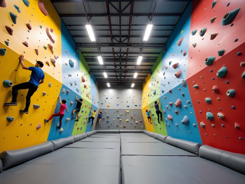 Interior of Momentum Indoor Climbing gym showing colorful bouldering walls with climbers on various routes