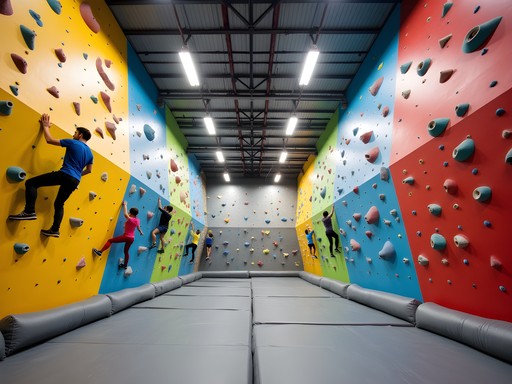 Interior of Momentum Indoor Climbing gym showing colorful bouldering walls with climbers on various routes