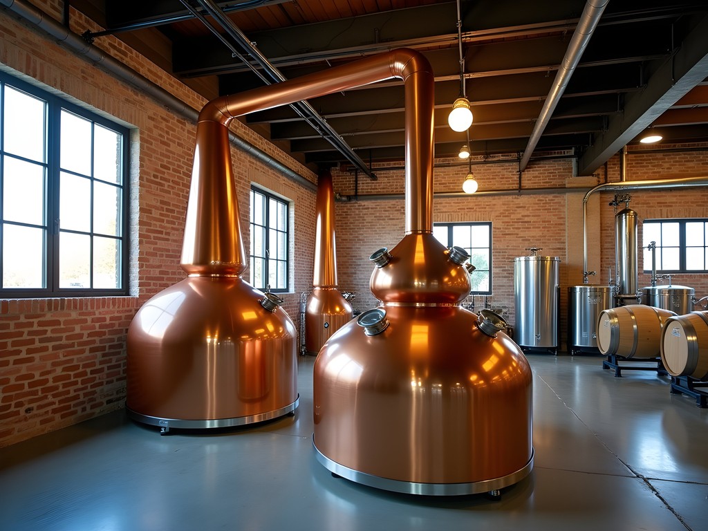 Copper pot stills inside Sugar House Distillery with industrial architecture and warm lighting