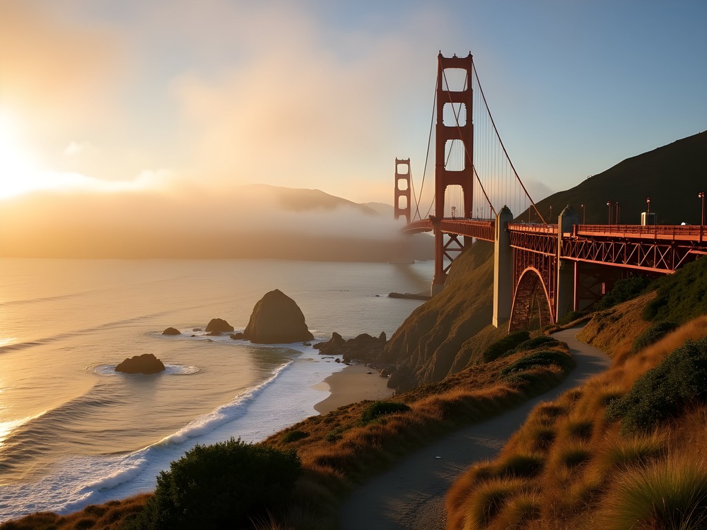 Golden Gate Bridge emerging from morning fog with coastal trail in foreground