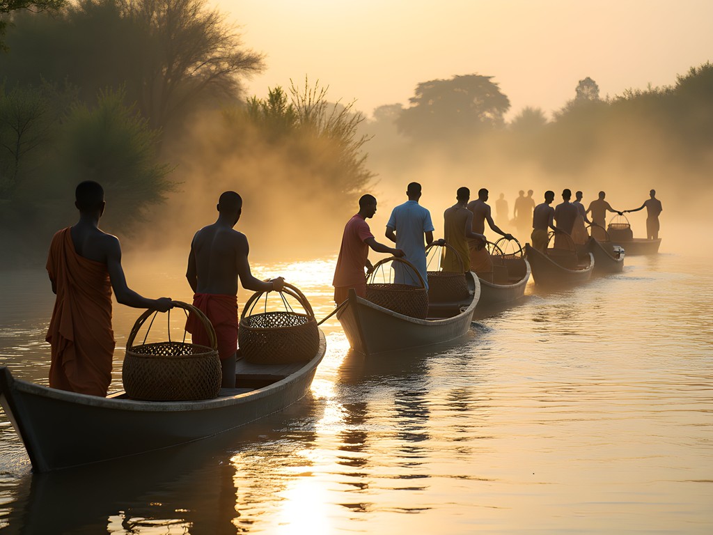Traditional gura fishing technique on Chari River with local fishermen forming human chain