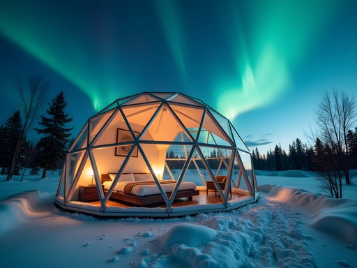 Glass igloo accommodation under Northern Lights in Savonlinna, Finland